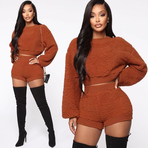 The Set Says Cuddle Me & The Boots Say Sexy 🔥⠀ Searc Teddy Bear Sweater, Fashion Nova Models, Fashion Nova Jeans, Sweater Set, Short Set, Womens Loungewear, Two Piece Outfit, Grey Fashion, Rompers Women