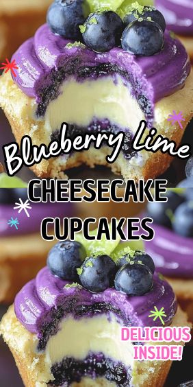 Blueberry Lime Cheesecake Cupcakes Blueberry Lime Cheesecake, Cupcake Size Cheesecake Recipes, Blueberry Lime Cake, Blueberry Cheesecake Jars, Blueberry Cream Cheese Cupcakes, Jello Cake Cupcakes, Blueberry Filled Cupcakes, Blueberry Lime Cheesecake Cupcakes, Grape Soda Cupcakes