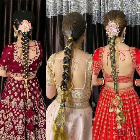 Braid Hairstyles With Paranda, Braid Hairdos For Long Hair, Gota Hairstyle, Parandi Hairstyles Punjabi, Parandi Hairstyle, Bridal Braids For Long Hair, Hairstyle For Gown, Long Hair Bridal Hairstyles, Long Braids Hairstyles