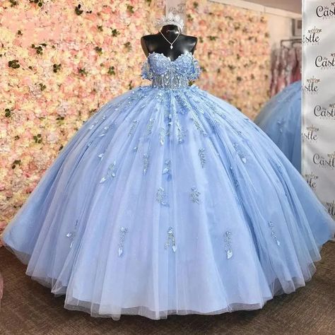 ANGELSBRIDEP Off Shoulder Quinceanera Dresses Vestidos De 15 Anos 3D Lace Applique Court Train Sky Blue Quinceanera Dresses, Baby Blue Quinceanera, Light Blue Quinceanera Dresses, Princess Quinceanera Dresses, Blue Quinceanera Dress, Xv Dresses, Quinceanera Themes Dresses, Quinceñera Dresses, Quinceanera Dresses Blue