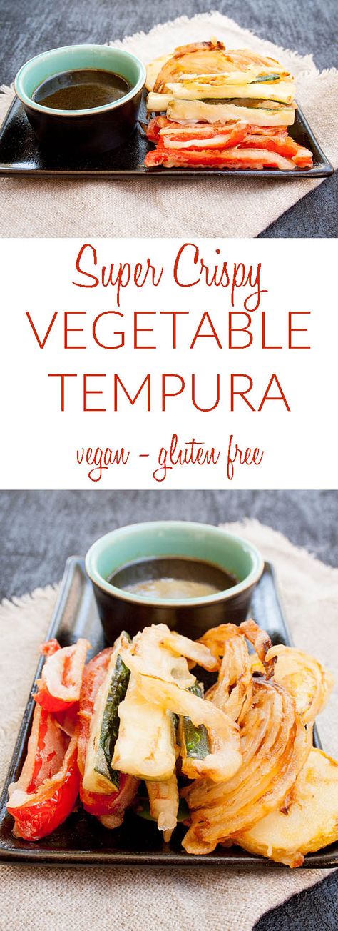 This Super Crispy Vegan Tempura is light and crunchy. Eat it with a sweet dipping sauce or a savory mustard dipping sauce. (gluten free) Vegan Tempura Vegetables, Rice Flour Tempura Batter, Vegan Tempura Batter, Gluten Free Tempura Batter, Gluten Free Tempura, Vegan Tempura, Tempura Recipes, Gluten Free Sushi, Tempura Vegetables