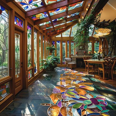 Experience the beauty of our Stained Glass Sunroom—a luminous sanctuary adorned with vibrant panels that dance in the sunlight, creating a tranquil retreat in your home. Conceptual AI Art Follow @ecosapiens for more! Glass Sunroom, House Vibes, Tranquil Retreat, Whimsical Style, Location Inspiration, Cob House, Yard Project, Art Stained, Whimsical Fashion