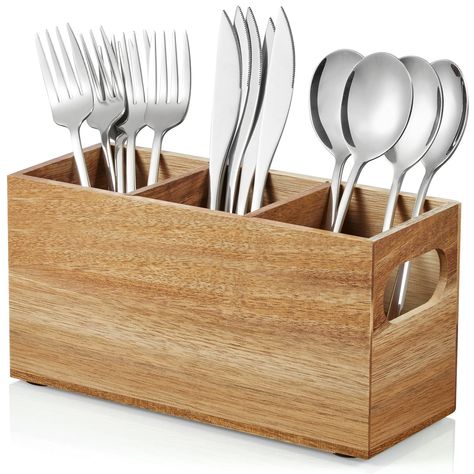 PRICES MAY VARY. Silverware Holder with Removable Dividers: The 3-compartment utensil caddy is perfect for knives, forks, and spoons, and will help you keep your cutlery or other kitchen essentials separated and organized. Tabletop cutlery organizer is easy to access at any time and eliminates cluttered silverware drawer Portable & Lightweight: The silverware holder for party comes with 2 built-in handles and the portable design makes it perfect for moving from place to place. This cutlery holde Wood Cutlery Holder, Silverware Caddy Ideas, Utinsel Holder Ideas Kitchen, Silverware Holder For Party, Cutlery Organization, Wooden Cutlery Holder, Utensils Organization Ideas, Wooden Spoon Holder, Wooden Utensil Holder