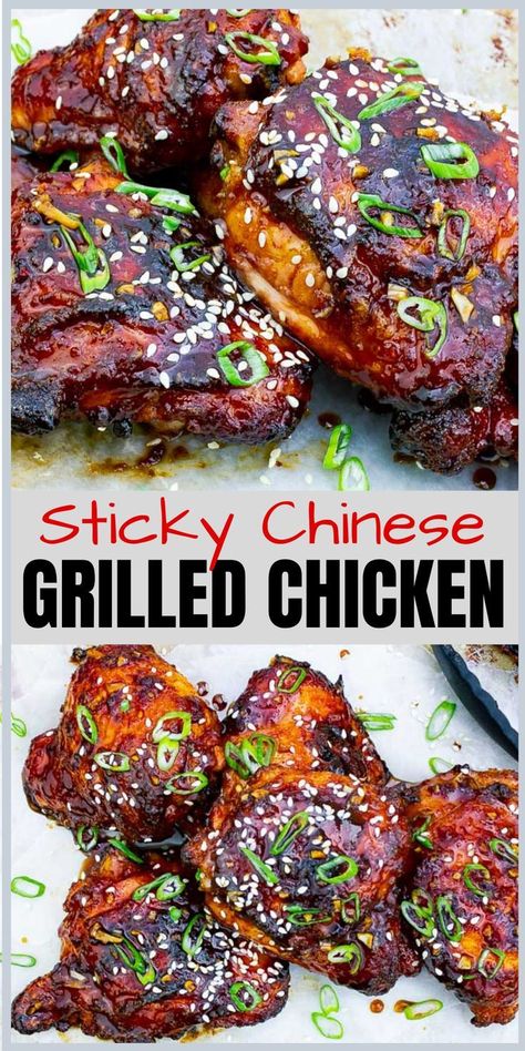 Asian Grilled Chicken, Asian Glaze, Sticky Chicken Thighs, Asian Chicken Thighs, Chicken Thigh Marinade, Asian Grill, Asian Bbq, Bbq Chicken Thighs, Grilled Chicken Thighs