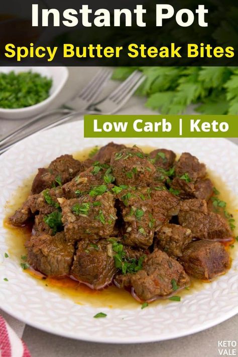 Do you have an Instant Pot? Try these low carb instant pot butter steak bites for your keto dinner #instantpot #instantpotrecipes #instantpotbeefrecipes #ketoinstantpotrecipes #lowcarbinstantpotrecipes #ketobeefrecipes #lowcarbbeefrecipes #ketovale Keto Beef Chuck Roast Recipes Instant Pot, Keto Stew Meat Recipes Instant Pot, Insta Pot Steak Bites Recipes, Keto Chuck Steak Recipes, Instapot Steak Bites Recipes, Keto Cube Steak Recipes Instant Pot, Chuck Steak Recipes Instant Pot, Instant Pot Steak Bites, Instant Pot Orange Chicken