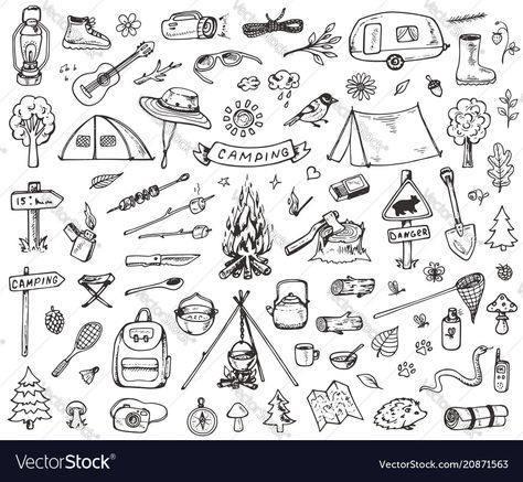 Doodle Forest, Camping Tattoo, Camping Images, Camping Icons, Doodle Wall, Camping Design, Forest Camping, Adventure Picture, Hiking Tattoo