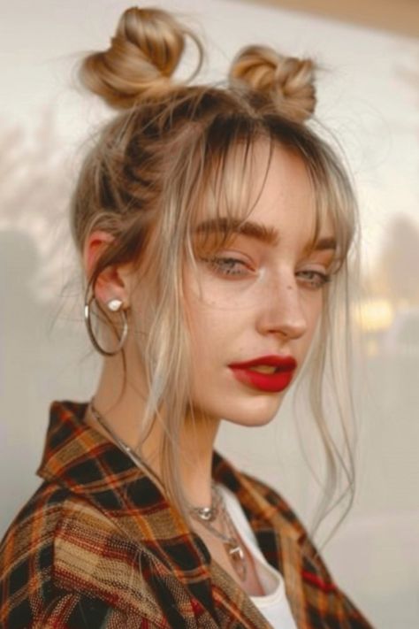 Woman with double-bun hairstyle, wearing plaid shirt and hoop earrings. 90s Grunge Aesthetic Hair, 90s Grunge Hairstyle, Grunge Hairstyles Medium, Rocker Hairstyle, 90s Punk Hair, 90s Grunge Haircut, 90s Hairstyles Grunge, Grunge Hairstyles Long, 90s Grunge Hairstyles