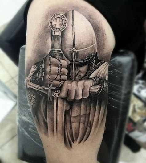 Knight Tattoo Sleeve, Knights Tattoo, Knight Tattoo Design, Knights Templar Tattoo, Templar Knight Tattoo, Upper Arm Tattoos For Guys, Armor Of God Tattoo, Warrior Tattoo Sleeve, Shield Tattoo