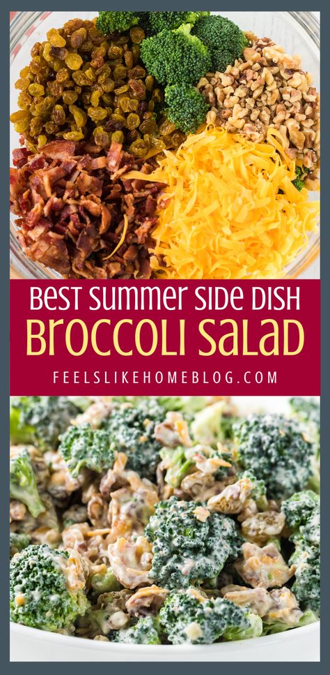 The best simple and easy broccoli salad recipe - This recipe is quick and healthy. Shredded cheddar cheese, golden raisins, walnuts, and bacon give it texture and crunch and make it so interesting. The dressing is creamy and low carb with mayonnaise and Greek yogurt. Best Broccoli Salad, Summer Bbq Side Dishes, Best Broccoli Salad Recipe, Easy Broccoli Salad, The Best Broccoli, Oven Roasted Sweet Potatoes, Best Broccoli, Broccoli Dishes, Easy Broccoli