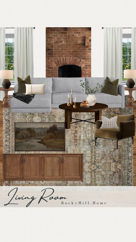 Living room with gray sofa and red brick fireplace Target Vase, Curtain Frame, Dark Wood Living Room, Gray Sectional Living Room, Long Tv Stand, Dark Wood Coffee Table, Amber Vase, Gray Rugs, Red Brick Fireplaces