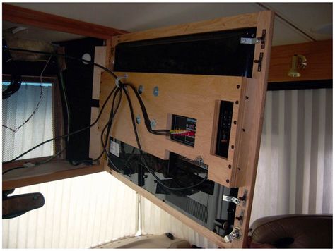 TV Remodels for Any RV Space - RV Wood Design Rv Tv Stand Ideas, Rv Tv Cabinet Remodel, Rv Tv Mount, Rv Diy, Rv Tv, Rv Cabinets, Tv Mounted, Tv Lift Cabinet, Diy Rv