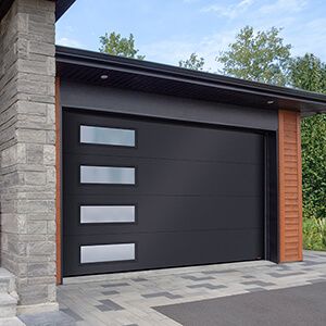 American Garage Door, Black Garage Door, Enter Door, Black Garage Doors, Contemporary Garage Doors, Contemporary Garage, Pintu Interior, Black Garage, Modern Garage Doors