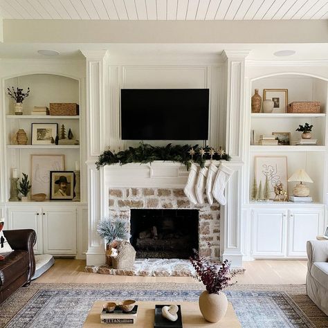 Decorate Fireplace Shelves Built Ins, Fireplace With Rounded Built Ins, Recessed Built Ins Around Fireplace, Shelfs On Side Of Fireplace, Built In Shelves By Fireplace, Rock Fireplace With Built Ins On Both Sides, Fireplace Mantle With Built Ins, Fireplace Built Ins Decor, Diy Fireplace Bookshelves Built Ins