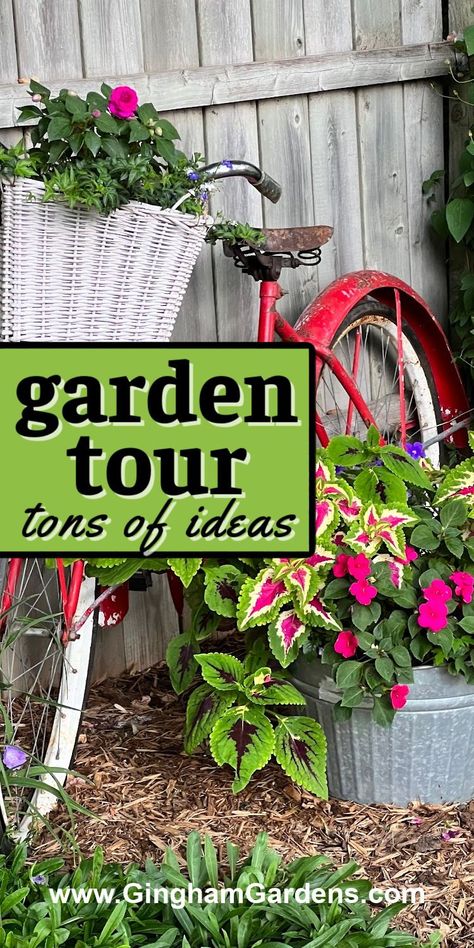 Do you love going on garden tours and getting loads of ideas for your own gardens? Stop by Gingham Gardens for a virtual garden tour and get lots of ideas you can use in your own flower beds. Country garden decor. Flower Bed Decor, Backyard Flowers Beds, Diy Garden Decor Projects, Small Flower Gardens, Backyard Flowers Garden, Country Garden Decor, Garden Junk, Sloped Garden, Garden Decor Projects