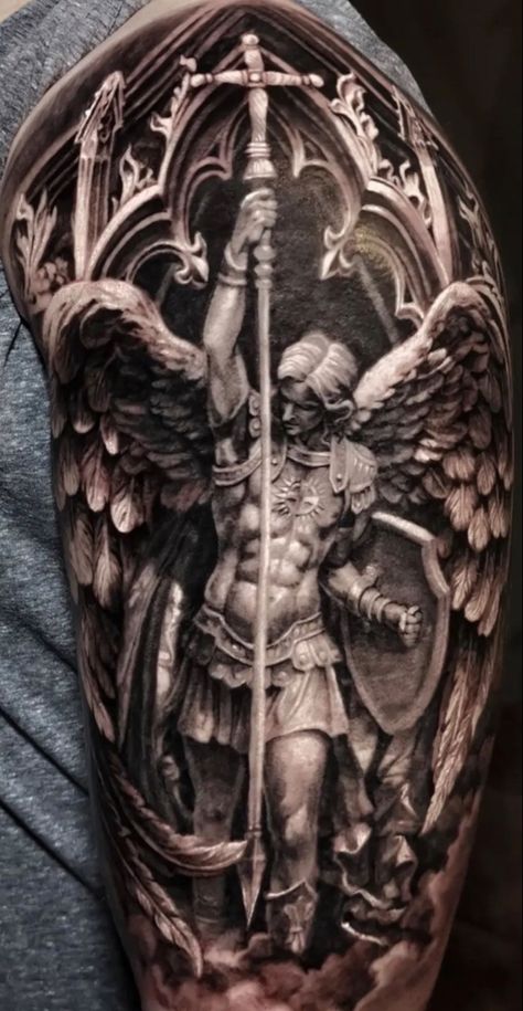 Leg Tattoos Men, Men Tattoos Arm, Jesus Tattoo Sleeve, Religious Tattoo Sleeves, Tattoos Arm Sleeve, Angel Warrior Tattoo, St Michael Tattoo, Guardian Angel Tattoo, Archangel Tattoo