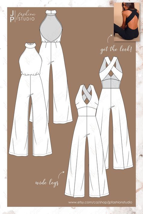 Pattern For Jumpsuit For Women, Jumpsuit Flat Drawing, Pattern Jumpsuit Woman, Sewing Patterns Jumpsuit, Diy Fashion Clothing Sewing Patterns, Sewing Clothes Women Patterns, Clothing Design Template, Flat Pattern Fashion, Jumpsuit Flat Sketch