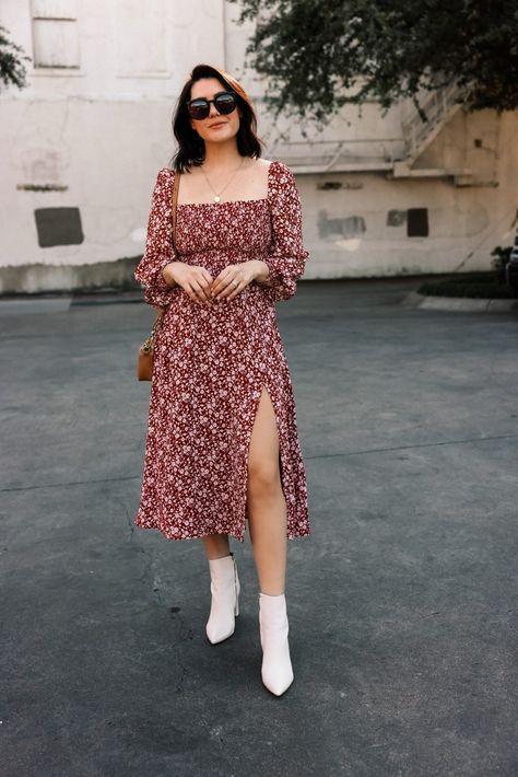 Reformation Red Floral Dress, Long Sleeved Midi Dress, Fall Dress Midi, Midi Dress Casual Fall, Long Sleeve Floral Dress Outfit, Reformation Dress Outfit, Long Causal Dresses Outfit, Fall Midi Dress With Boots, Midi Dresses Outfit