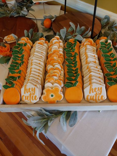 Little cutie themed baby shower royal icing decorated cookies Cutie Orange 1st Birthday, Cuties Dessert Table, Cutie Baby Shower Theme Decor, Clementine Themed Party, Cutie Patootie Birthday, Cutie Gender Reveal Cake, What Will The Cutie Be, Orange Theme Dessert, Cutie Cookies Ideas