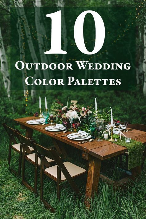 Spice up that natural venue with one of these 10 eye-catching outdoor wedding color palettes | Image by Nhiya Kaye Photography Spice Color Wedding, Lakeside Wedding Colors, Forest Wedding Colors Palette Summer, Campground Wedding Decorations, Mountain Wedding Theme Ideas, Summer Mountain Wedding Color Palette, Woodsy Wedding Colors, Outdoor Wedding Color Palette, Outdoor Wedding Color Schemes