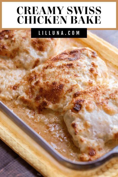 Delicious Creamy Swiss Chicken Bake - a simple and delicious dinner recipe that includes Swiss and Parmesan cheeses and baked to perfection. #creamyswisschickenbake #chickenbake #swisschicken #creamychickenbake #chicken Creamy Swiss Chicken, Swiss Cheese Chicken, Creamy Baked Chicken, Swiss Chicken Bake, Tender Recipes, Creamy Chicken Bake, Swiss Chicken, Recipes Sandwiches, Chicken Oven