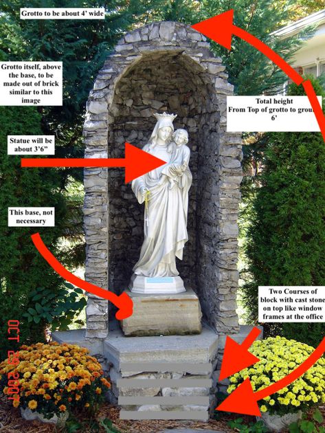 Marian Grotto Virgin Mary Altar Decoration, Virgin Mary Statue Garden, Marian Grotto, Pavers Landscaping, Grotto Ideas, Marian Garden, Grotto Design, St Joseph Catholic, Sacred Garden