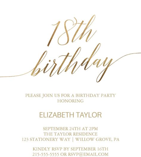 Elegant Gold Calligraphy 18th Birthday Invitation 18th Birthday Party Invitations, 18th Birthday Invitation, Teen Birthday Invitations, Elegant Birthday Invitations, 90th Birthday Invitations, Whimsical Typography, 70th Birthday Invitations, 80th Birthday Invitations, Teenager Birthday