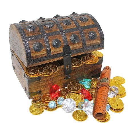 PRICES MAY VARY. Treasure box measure 8" wide by 6" deep by 6" high. Ultimate pirate treasure bundle with gold coins, gems, and pirate map! Looks like an authentic Wooden Pirate Treasure Chest! Made of quality wood, and has decorative iron plating and buttons. Wood finish color may vary slightly from piece to piece Pirate chest includes realistic plastic gold coins, high quality acrylic multi colored diamond gems, and a realistic faux leather treasure map The ultimate pirate adventure companion Pirates Treasure Chest, Kids Toy Chest, Pirate Box, Pirate Chest, Pirates Treasure, Pirate Map, Pirate Toys, Pirate Coins, Pirate Gifts