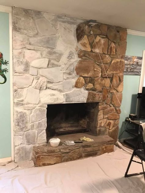 White Washed Stone Wall, Rock Wall Makeover, White Wash Rock Wall, Reface Fireplace With Stone, White Washed Rock Fireplace, Painted Stone Fireplace Ideas, White Wash Rock Exterior, Living Room Paint Color Ideas With Stone Fireplace, Brown Stone Fireplace Living Room