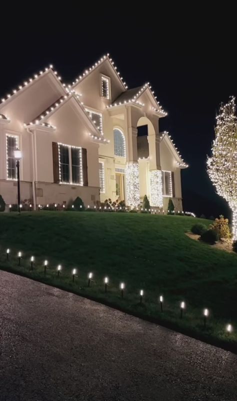 #follow #homes #houses #lifestyle #blogging #blog #blogger Big House Christmas Decor Outside, Two Story House Christmas Lights Outdoor, Christmas Lights On House Exterior Farmhouse, White Christmas Lights Aesthetic, Christmas Lights House Exterior, Christmas House Outside, C9 Christmas Lights On House, White Christmas Lights On House, Classy Christmas Lights On House