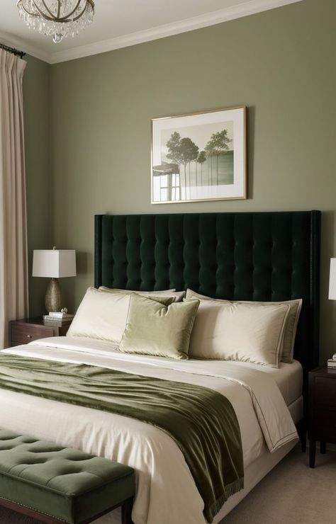 Bedroom Inspirations Aesthetic, Green Headboard, Green Bedroom Ideas, Velvet Bedroom, Girls Bedroom Makeover, Natural Wood Furniture, Dreamy Aesthetic, Velvet Headboard, Green Bedroom