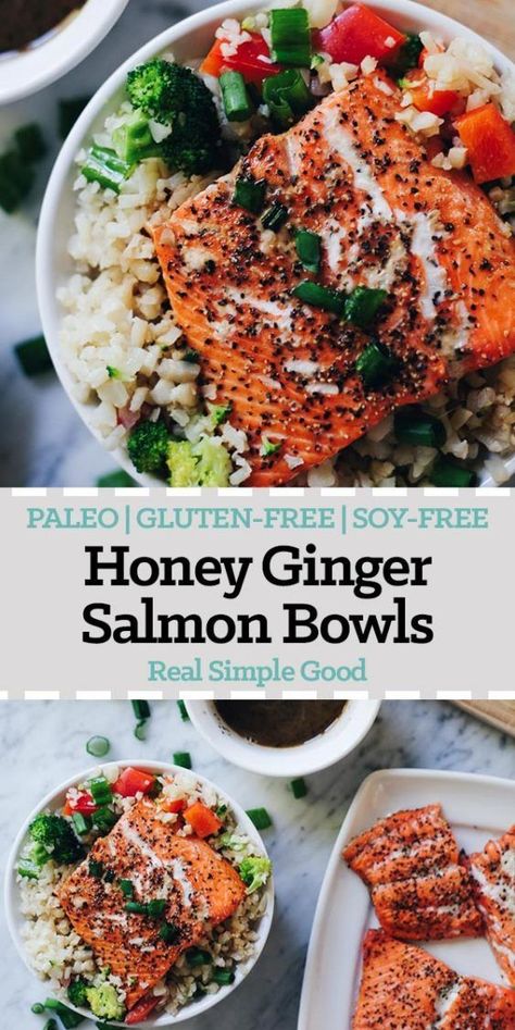 These honey ginger salmon bowls are not only a tasty way to enjoy salmon, but also quick and easy to make! They are Paleo, Gluten-Free and Soy-Free. | realsimplegood.com Honey Ginger Salmon, Paleo Bowl, Salmon Bowls, Paleo Seafood Recipes, Paleo Fish, Ginger Salmon, Honey Ginger, Salmon Bowl, Paleo Dinner