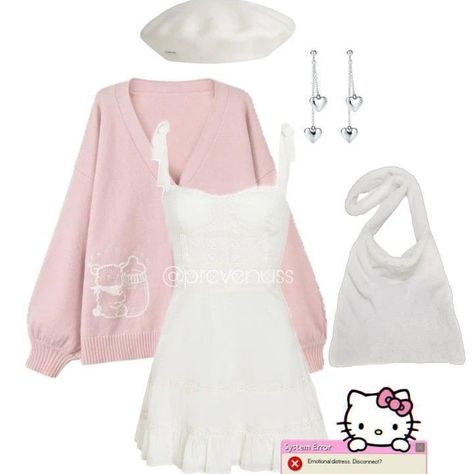 21fe5b8ba755eeaece7a450849876228desc53679383ri Sanrio Outfit Aesthetic, Baret Outfit, White Outfit Aesthetic, Pink Cardigan Outfit, Sanrio Outfits, Beret Outfit, Turning Red, Outfit Pink, 2000s Fashion Outfits