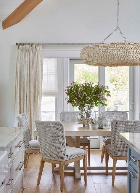 Gray Rope Dining Chairs at Trestle Dining Table - Transitional - Dining Room Coastal Grey Dining Room Table, Dining Table With Seagrass Chairs, Dining Table Lighting Rope, Rope Dining Room Chairs, Trestle Table Coastal, Transitional Dining Room, Clear Vase, Trestle Dining Tables, Organic Modern