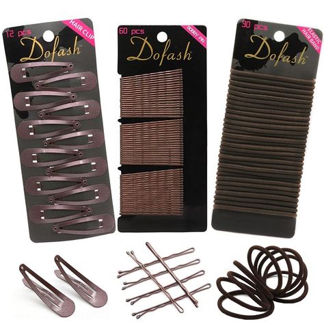 PRICES MAY VARY. ➴Dofash's Combination Package: 60*bobby pins, 30*elastics hair ties and 12*snap hair clips. ❋Feature & Advantage: 1. All of bobby pins are designed with small round endsthat cannot hurt you. 2. Super elastic hair ties are nylon materials, quickly strong spread and restore reusable. ✇Function: Professional quality metal hair clips, perfect for most hair types and styles. ☻Create your wonderful day with Dofash's hair accessories ❣ ✿Quality Assurance: Qualified safety testing and m Brown Combination, Snap Hair Clips, Hair Set, Combination Fashion, Metal Hair Clips, Hair Setting, Good Hair, Women's Hair, Elastic Hair Ties