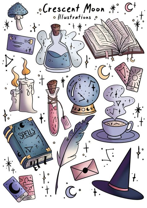 Sticker Book Tattoo, Sticker Book Ideas, Book Aesthetic Sticker, Sticker Book Diy, Book Design Ideas, Book Tattoo Ideas, Magic Illustration, Book Cover Ideas, Helloween Wallpaper