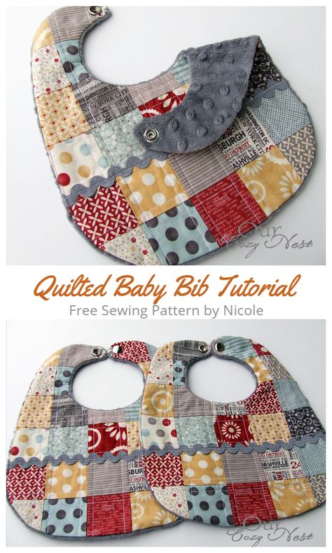 DIY Patchwork Baby Bib Free Sewing Patterns | Fabric Art DIY Quilt Finishing Ideas, Baby Bibs Patterns Free, Baby Bib Tutorial, Bib Tutorial, Serger Sewing, Baby Bibs Patterns, Towel Apron, Rag Quilts, Scrap Fabric Crafts