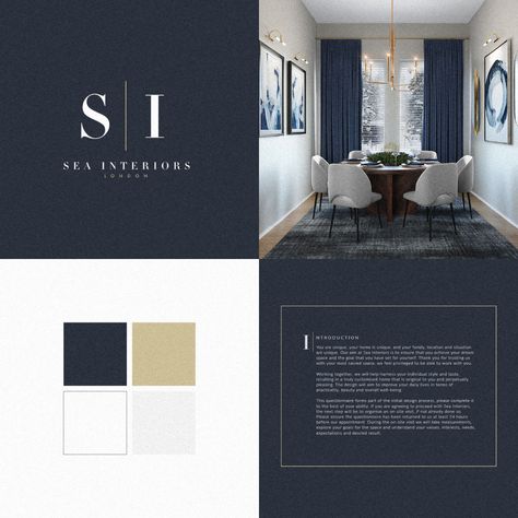 Sea Interiors - Brand Identity & Logo Design.  Sophisticated & Elegant Blue Gold Ivory palette. Ivory Interior Design, High End Colour Palette, Luxury Blue Branding, Luxury Brand Identity Colors, Royal Blue And Gold Color Palette, Luxury Color Palette Branding Blue, Navy Branding Color Palette, Blue Gold Branding, Brand Color Palette Luxury