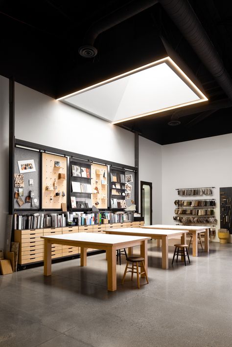 Informal Working Space, Materials Library Organization, Fashion Office Interior Design, Office Ideas For Two People Work Spaces, Drafting Table Office, Interior Design Sample Organization, Functionalism Interior, Drafting Table Design, Creative Office Space Workspaces Design