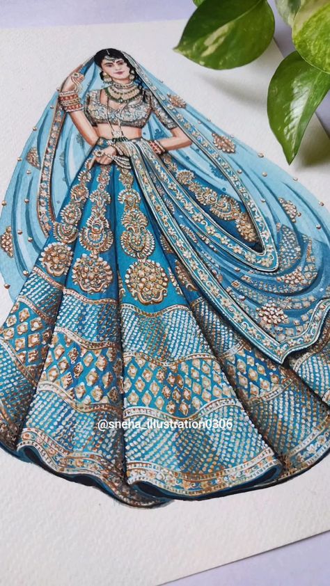 Indian Lehenga Drawing, Indian Wedding Outfits Drawing, Lehanga Drawing Design, Bridal Illustration Sketches, Indian Bridal Lehenga Illustration, Bridal Lehenga Illustration Sketches, Bride Fashion Illustration Weddings, Lehenga Designs Illustration, Traditional Illustration Indian