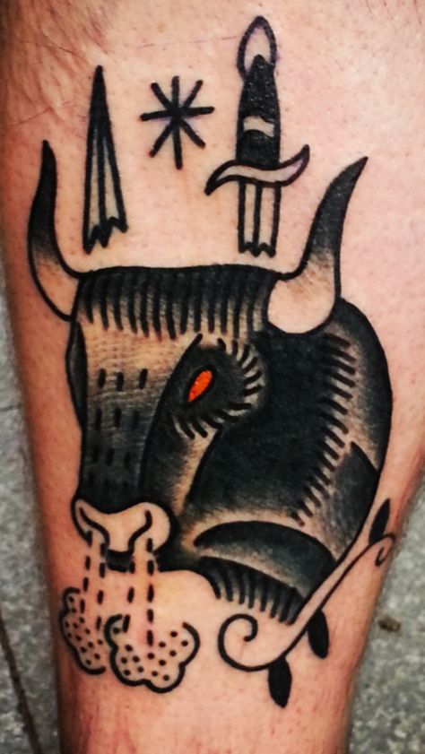 Taurus American Traditional Taurus Tattoo, Traditional Bull Head Tattoo, Wild West Tattoo Traditional, Taurus Tattoo Traditional, New Age American Traditional Tattoo, Carabao Tattoo, Traditional Bull Tattoo, Art Traditional Tattoo, Ox Tattoo