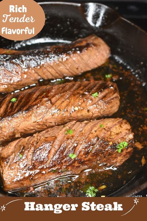 What is Hanger Steak?? Hanger Steak recipe. A flavorful alternative to more pricy steaks. Hanging Steak Recipes, Hanger Steak Recipes Cast Iron, Hangar Steak Recipe, Beef Hanger Steak Recipe, Hanger Steak Recipes, Hangar Steak, Meat Marinade Recipes, Steak Recipes Pan Seared, Bacon Wrapped Pork Loin