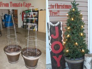 Christmas Topiaries Outdoor Diy, Tomato Planter Christmas Tree, Tomato Cage Ribbon Tree, Diy Tomato Cage Craft Ideas, Tomato Cage Holiday Ideas, Diy Front Porch Christmas Tree, Tomato Cage Christmas Tree Diy Outdoor, Tomato Cage Christmas Tree With Garland, Christmas Tree Made Out Of Tomato Cage