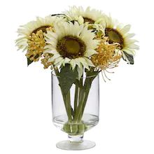 Sunflower In Vase, Sunflower Wedding Centerpieces, Sunflower Floral Arrangements, Artificial Plant Arrangements, White Sunflower, Sunflower Arrangements, Artificial Plants Indoor, Artificial Plant Wall, Clear Glass Vase