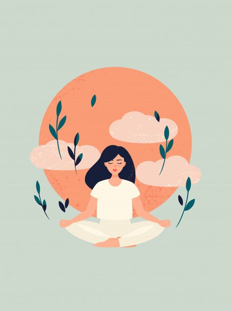 Illustration of yoga girl meditation wit... | Premium Vector #Freepik #vector #tree #people #love #nature Girl Illustration, Yoga Girl, Premium Vector, Lotus, Meditation, Yoga, Sun, Orange, Quotes