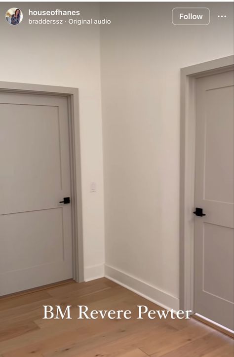 Grey Door White Walls, Modern Farmhouse Interior Doors Paint, Interior Door Frames Ideas, Darker Trim Lighter Walls Interior Doors, Interior Doors Painted Gray, Beige Doors Interior Modern, White Walls And Grey Doors, Beige Closet Door, Grey Trim And Doors Interior