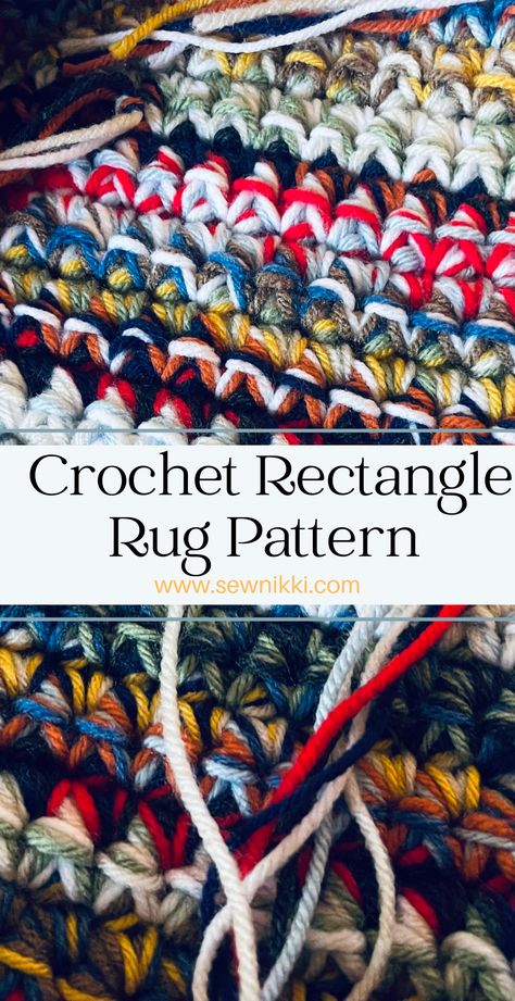 crochet rug with tails that need to be weaved in Scrap Yarn Crochet Rugs, Scrappy Rug Crochet Pattern, Crochet Rugs Rectangle, Crochet Throw Rug, Rectangle Rug Crochet Pattern, Crochet A Rug Free Pattern, Crochet Throw Rugs, Rug Yarn Projects Ideas, Crochet Rectangle Rug Pattern Free