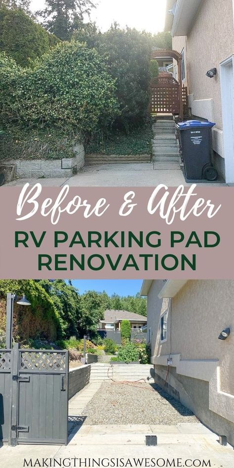 DIY RV Parking Pad - How We Made Space In Our Yard For A 30 Foot RV! - Making Things is Awesome Rv Parking Driveway Ideas, Rv Landscaping Ideas Yards, Side Yard Rv Parking Ideas, Backyard Rv Parking Ideas, Parking Pad Ideas, Diy Rv Parking Pad, Rv Parking Pad Ideas, Rv Gravel Parking Pad, Parking Ideas