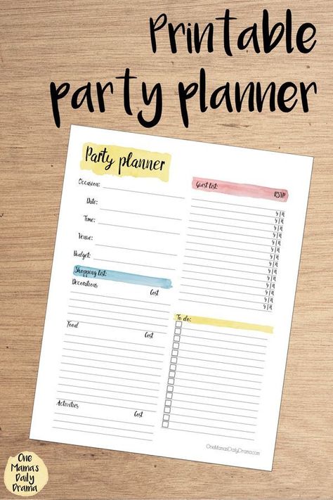 FREE PRINTABLE: one page party planner worksheet | Plan your next social event, birthday, or holiday with this easy planning page. Includes basic info, guest list, shopping for decorations, food, and activities, plus a simple to-do checklist. Party Planning Checklist Organizing, Party Planning Checklist Printable, Free Printable Party Planner, Party Planning List, Event Planning Board, Party Planning Printable, Event Planning Guide, Event Planning Printables, Party Planning Business