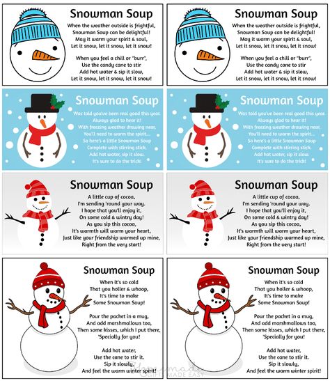 Snowman Soup Poem Printable Labels Snowman Poop Poem, Snowman Soup Tags Printable Free, Snowman Soup Labels Free Printable, Snow Man Soup Printable Free, Snowman Soup Ideas, Snowman Soup Printables Free Bag Toppers, Snowman Soup Printables Free, Snowman Soup Labels, Snowman Soup Printables