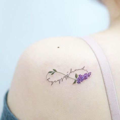 25 Intricate Infinity Tattoos That Go Beyond The Y2K Trend Being Yourself Tattoo, Lilac Tattoo Ideas, Lilac Heart Tattoo, Sensitive People Tattoo, Simple Lilac Tattoo, Small Lilac Tattoo, Purple Tattoo Ideas, Lilac Tattoo Black And White, Grandad Tattoo